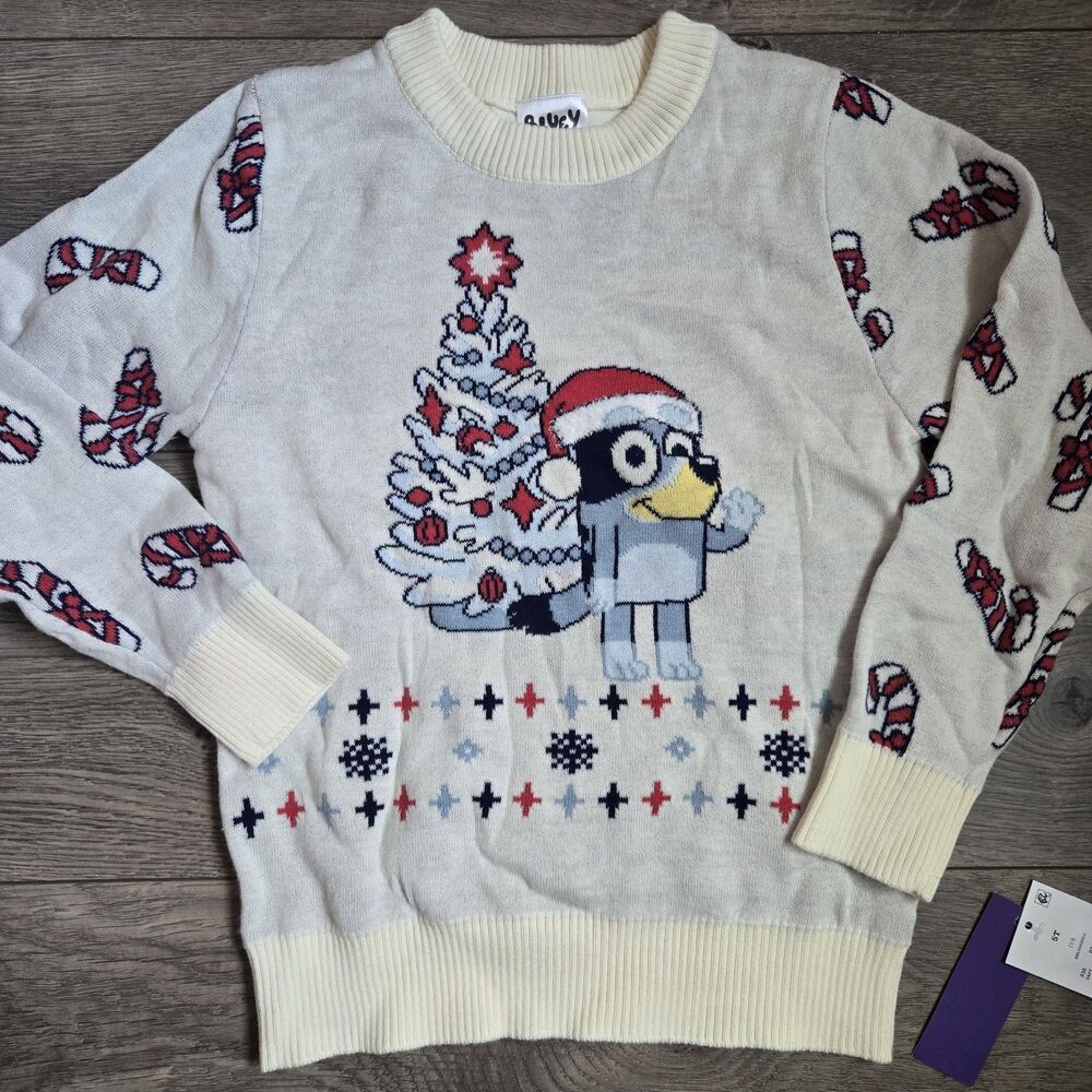Bluey Ugly Christmas Sweater 5T Ivory Knit Fair Isle Candy Cane NWT Pullover